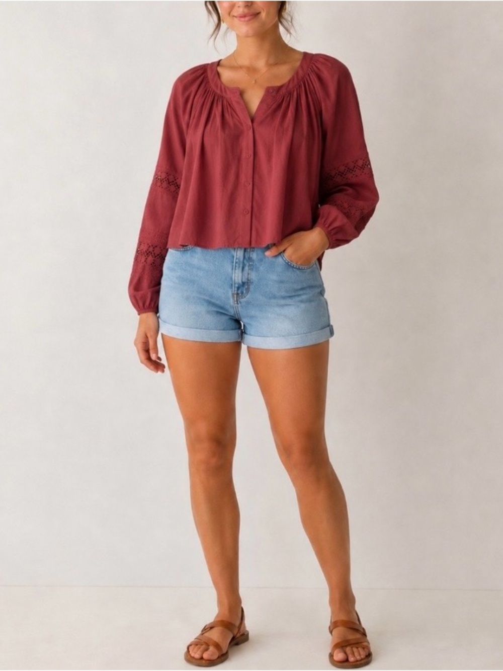 Aerie burgundy crochet balloon sleeve flowy blouse